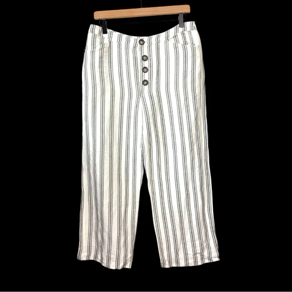 Mango‎ MNG Off-White & Black Linen Striped Cropped Parallel Trousers Pants Small
